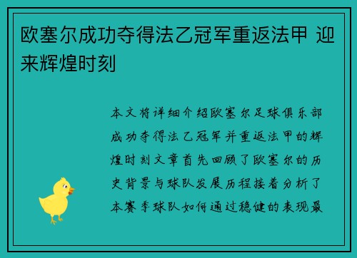 欧塞尔成功夺得法乙冠军重返法甲 迎来辉煌时刻